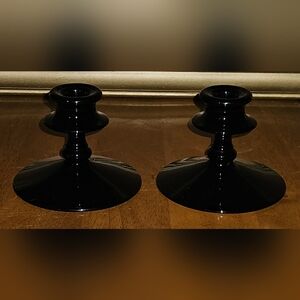 Vintage Art Deco L.E. Smith Black Amethyst Glass Candle Holders Set of 2